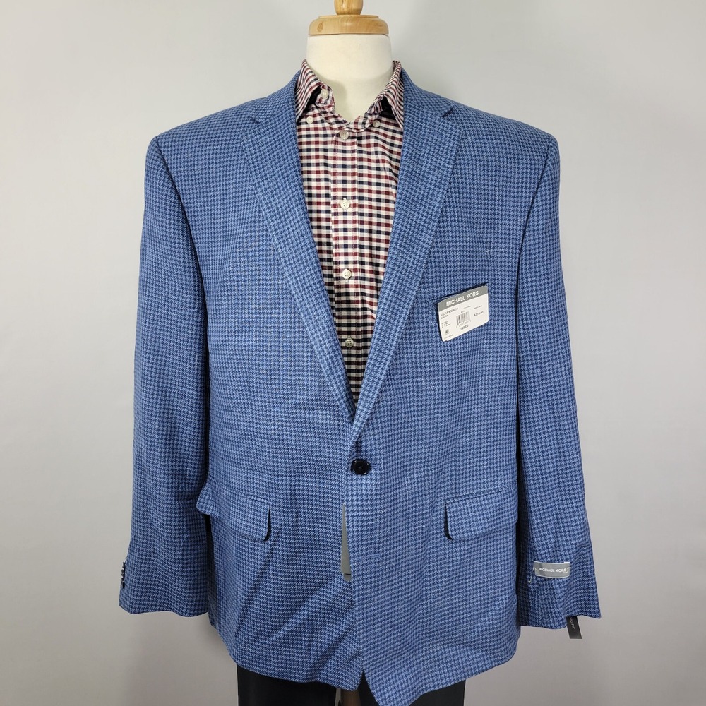 Michael Kors Kalina Men's Sport Coat Blazer Houndstooth Wool Silk Linen Blue 52R